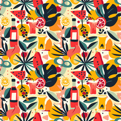 Summer vibes with refreshing drinks and tropical leaves pattern