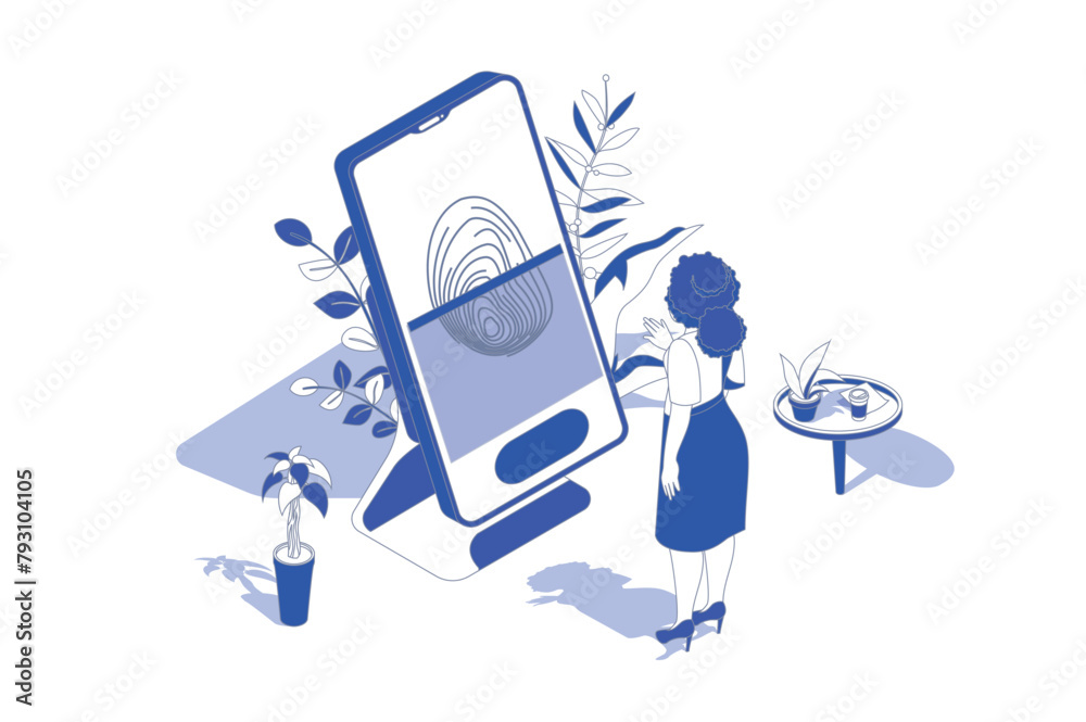 Leinwandbilder biometric control 3d isometric concept in isometry graphic design for web. people scene with woman l