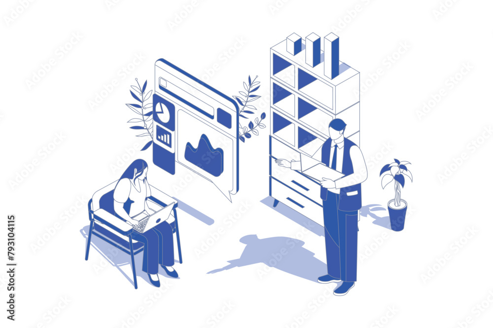 Aufkleber business statistic 3d isometric concept in isometry graphic design for web. people scene with collea