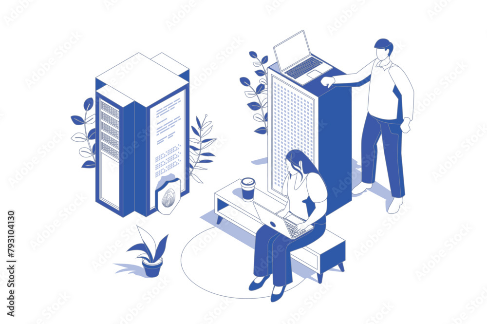 Poster Data center 3d isometric concept in isometry graphic design for web. People scene with engineers work at server tech support, maintain infrastructure, monitoring security system. Vector illustration.