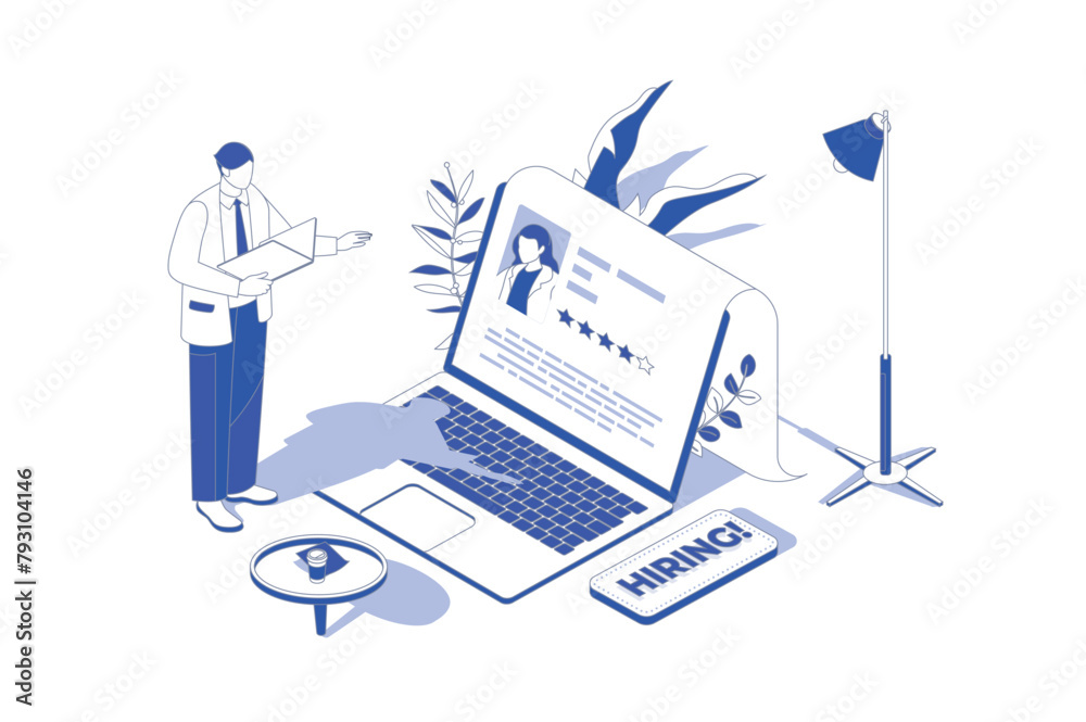 Poster hr process 3d isometric concept in isometry graphic design for web. people scene with manager search