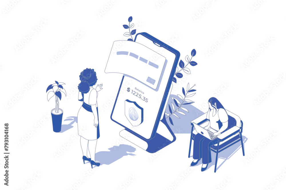 Leinwandbilder Mobile banking 3d isometric concept in isometry graphic design for web. People scene with clients using bank services and finance account in app, making payment with credit card. Vector illustration.