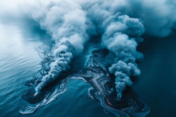 Oil spill in ocean crude oil dangerous threat ecological problem gas gasoline environmental disaster nature ecosystem death destruction storm sunk vessel contamination area hazard toxic toxicity