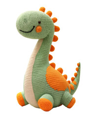 Green Cute Knitted Dinosaur, Isolated on Transparent Background. DIY Plush Toy, Birthday Present,...
