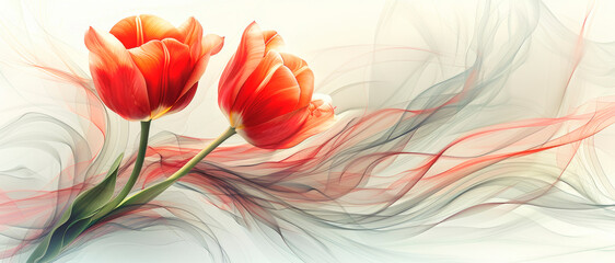 Two vibrant red tulips with abstract flowing lines on a wide gauzy background