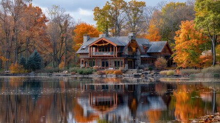 Obraz premium Nice modern triangular house near lake