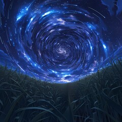 Vibrant Galaxy Spiral Above Majestic Field of Grasses: A Spectacular and Captivating Visual Experience