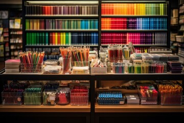 An Eclectic Stationery Store Overflowing with Artistic Supplies, from Colorful Pens and Pencils to Unique Paper and Craft Materials