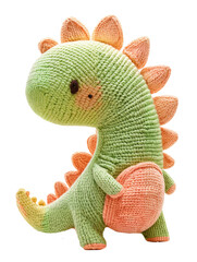 Green Funny Knitted Dinosaur, Isolated on Transparent Background. DIY Plush Toy, Birthday Present,...