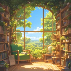 Find Your Escape: A Sunlit Library Retreat with a Stunning View