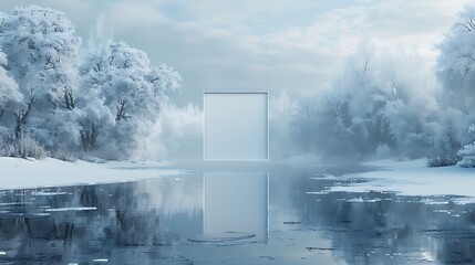 A magical winter wonderland, snow-covered trees and a frozen lake, with a white blank mockup frame set against a background of icy blues and silvery grays
