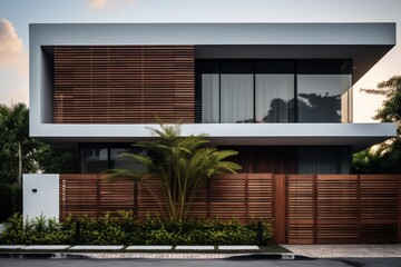 Aesthetic Slatted Wooden Facade on a Suburban Home, Creating a Unique Architectural Statement and Enhancing the Property's Curb Appeal - obrazy, fototapety, plakaty