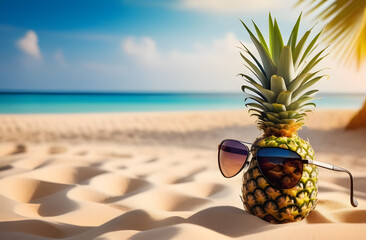 Hipster funny pineapple in sunglasses on sandy beach