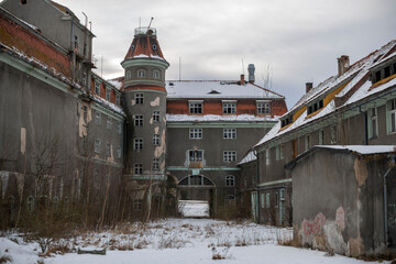 Exploration of the historic old stone mill with a spiral staircase in Southern Poland, Europe, in...