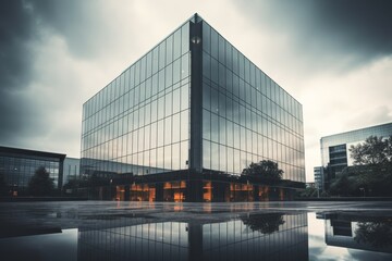 A Modern Ash Gray Functional Office Building with Glass Windows Reflecting the Overcast Sky