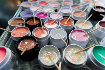 Colorful acrylic nails with sticks, resembling fast food ingredients