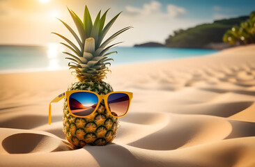 Hipster funny pineapple in yellow sunglasses on sandy beach