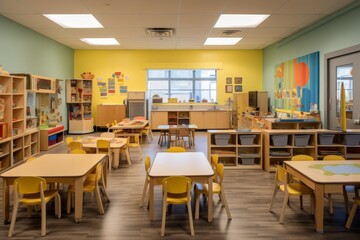 A Vibrant and Interactive Modern Kindergarten Classroom Filled with Colorful Educational Toys,...