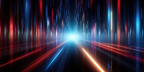 The picture of the uncountable amount of the vertical red and blue neon light pillars that has been filled everywhere of picture of futuristic enormous dark cyberspace yet bright with light. AIGX01.