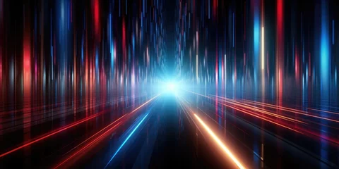  The picture of the uncountable amount of the vertical red and blue neon light pillars that has been filled everywhere of picture of futuristic enormous dark cyberspace yet bright with light. AIGX01. © Summit Art Creations