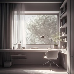 Elegant Minimalist Office Setup: A Sunlit Workspace Inspired by Warmth and Comfort