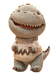 Grey Cute Knitted Dinosaur, Isolated on Transparent Background. DIY Plush Toy, Birthday Present,...