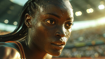 A sprinter at the peak of her race. Close up view