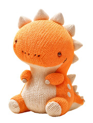 Orange Cute Knitted Dinosaur, Isolated on Transparent Background. DIY Plush Toy, Birthday Present,...