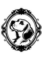 Framed hunting dog, outline. Black vector illustration