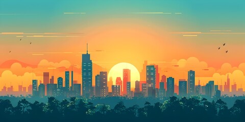 Vibrant City Skyline at Dazzling Sunset Showcasing Urban Growth Development and Planning - obrazy, fototapety, plakaty