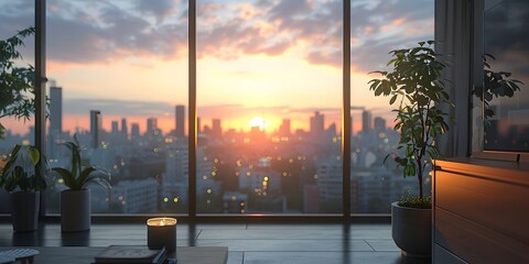 Breathtaking Urban Skyline with Smart Home Devices for Apartment Dwellers at Sunset