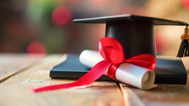 Graduation cap with diploma and red ribbon. Close-up with selective focus.  