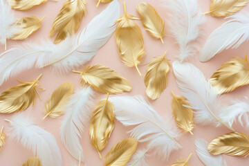 Gold and White Feathers on Pink Background