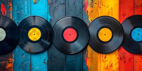 Colorful Retro Vinyl Records Display on Vintage Wooden Background Showcasing the Enduring Appeal of Analog Music