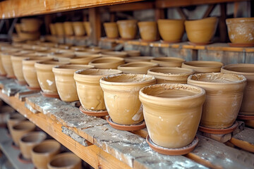 Handmade clay pots presented on shelves in market. Clay crockery exudes character demonstrating craft skills of maker. Rustic charm.