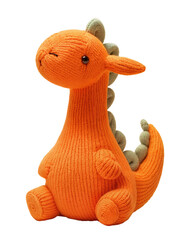 Orange Cute Knitted Dinosaur, Isolated on Transparent Background. DIY Plush Toy, Birthday Present,...