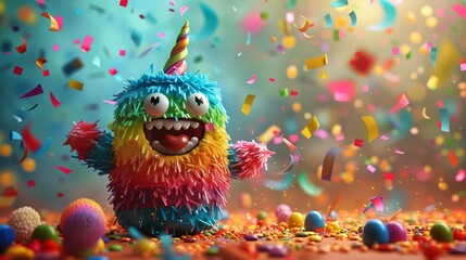 cute cartoon pinata bursting with colorful candies  in the Cinco De Mayo festival theme.