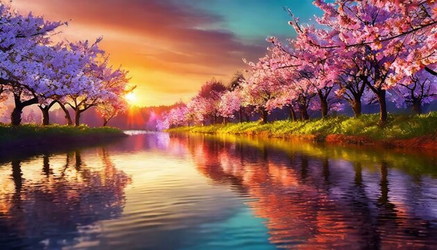 季節は春、ただの夕日、ただの水面、ただの桜、それがただ美しくて心打たれる