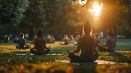 A serene image of a yoga class in a park, practicing social distancing, showcasing how communities adapt to maintain mental and physical health in a new normal.