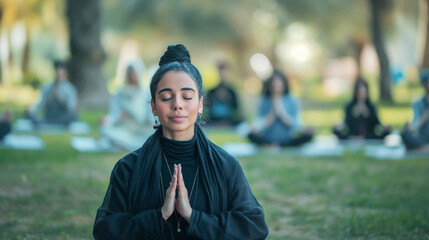 Serene woman in black clothing with hands in prayer position meditates in park. Blurred background shows group of people in similar peaceful poses