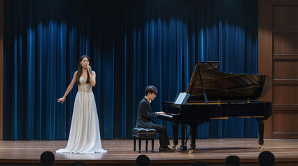 Soprano in elegant white gown performs on stage, pianist accompanying on grand piano against blue curtain backdrop. Audience in foreground, attentive to musical performance