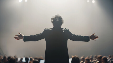 Orchestra conductor with open arms ready to lead, back to audience under spotlight. His silhouette is powerful presence commanding stage