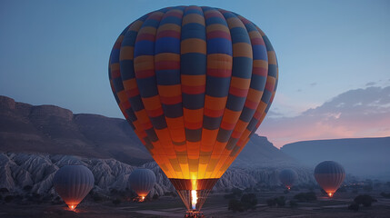 Colorful hot air balloons prepare for takeoff at dawn, their glow contrasting with twilight hues and silhouetted mountains. Tranquil pre-flight moments capture anticipation of aerial adventure