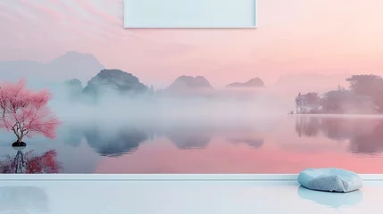 Zelfklevend Fotobehang A serene lakeside landscape with mist gently rising, framing the tranquil scene in a white blank mockup frame against a soft pastel pink background © Rana