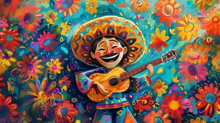 3D character of a boy cartoon playing guitar for Cinco De Mayo festival.
