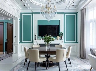 Modern classic style dining room with round table and chairs, big tv on wall, chandelier hanging from ceiling, large window in front of the door, teal color walls, white walls