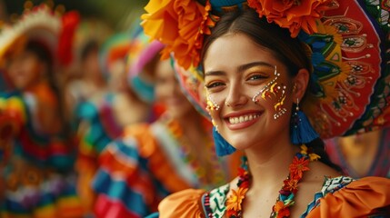 Vibrant Traditional Mexican Dancers at Cultural Festival. Cinco de Mayo festive holiday concept....
