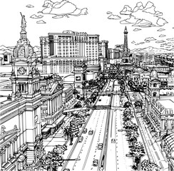 Las Vegas Skyline in Black and White, Monochrome City Skyline Illustration