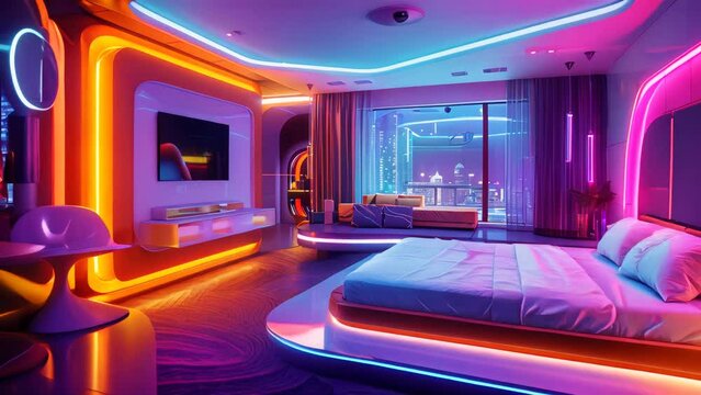 Futuristic bedroom interior with neon lighting. Modern and luxury design concept for interior, real estate and advertisement