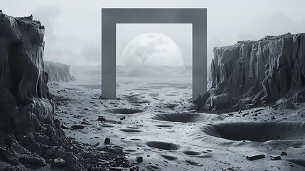 A surreal lunar landscape, with craters and jagged rock formations, framing a white blank mockup...
